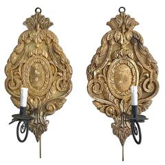 Antique Pair of Large Continental Giltwood and Wrought Iron Sconces