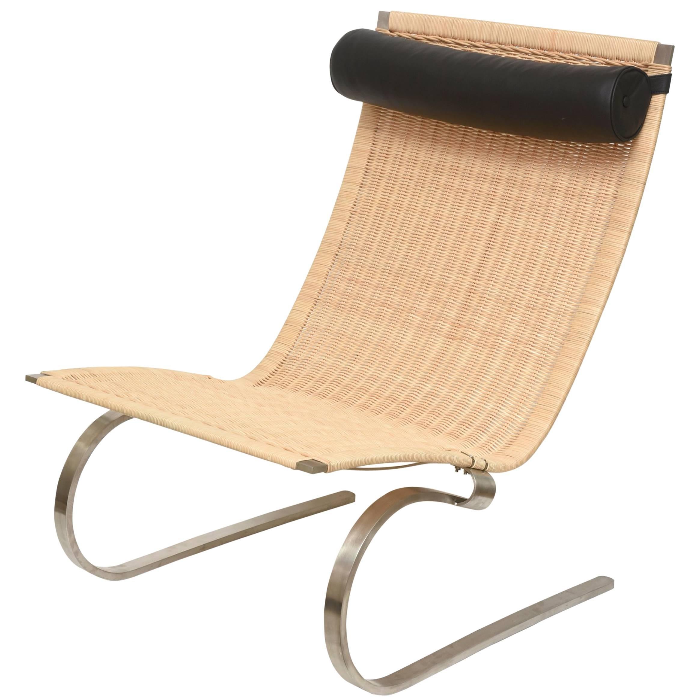 Poul Kjaerholm PK20 Cantiliver Stainless Steel, Cane and Leather Lounge Chair