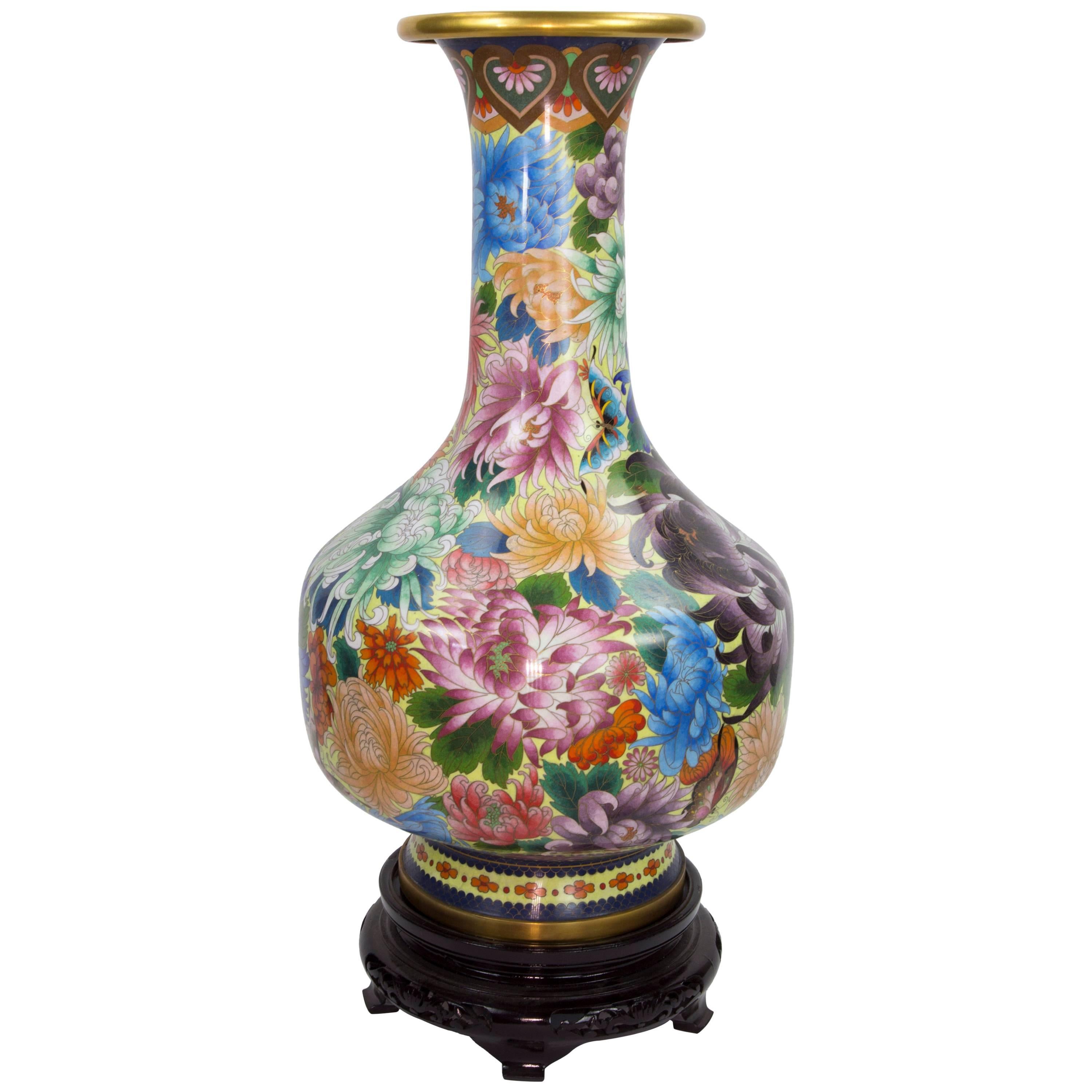 Beautiful Large Chinese Cloisonné Enamel Vase with Carved Wood Stand