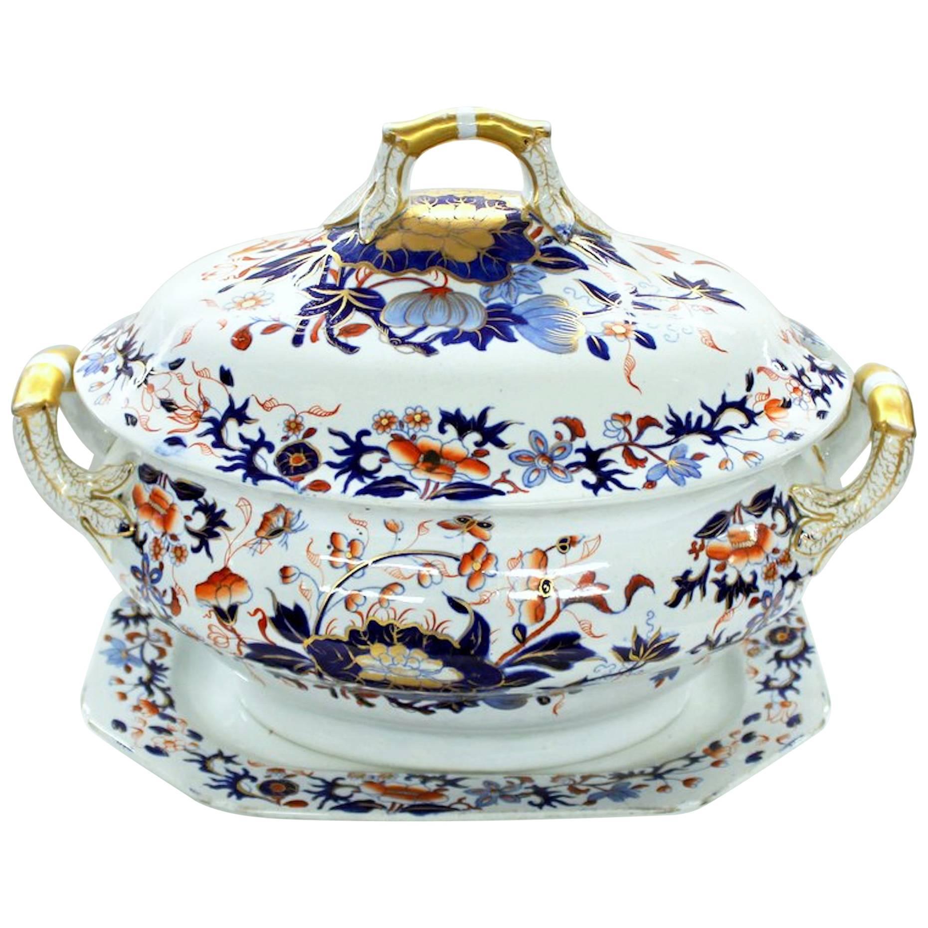 Antique English Spode's "New Stone" Large Imari decor Soup Tureen, Lid and Stand