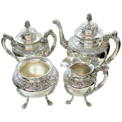 Antique American Coin Silver Rococo Style Four-Piece Tea Set by Andrew De Milt