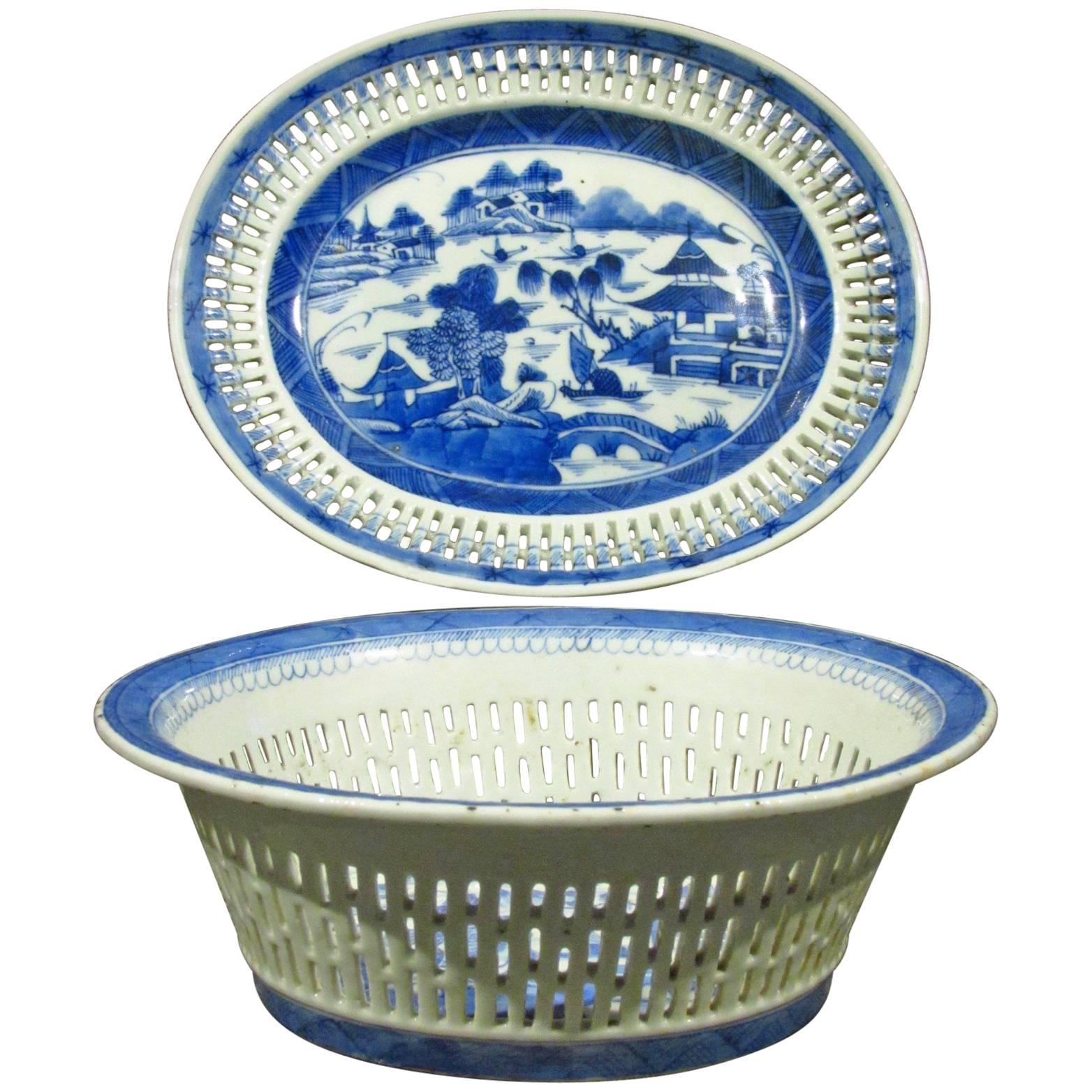 19th Century Chinese Export Blue 
White Porcelain Chestnut Basket 
Flat