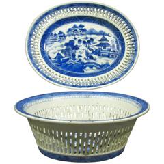 19th Century Chinese Export Blue & White Porcelain Chestnut Basket & Flat