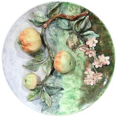 Large 19th Century French Barbotine Wall Platter with Apples Signed Longchamp