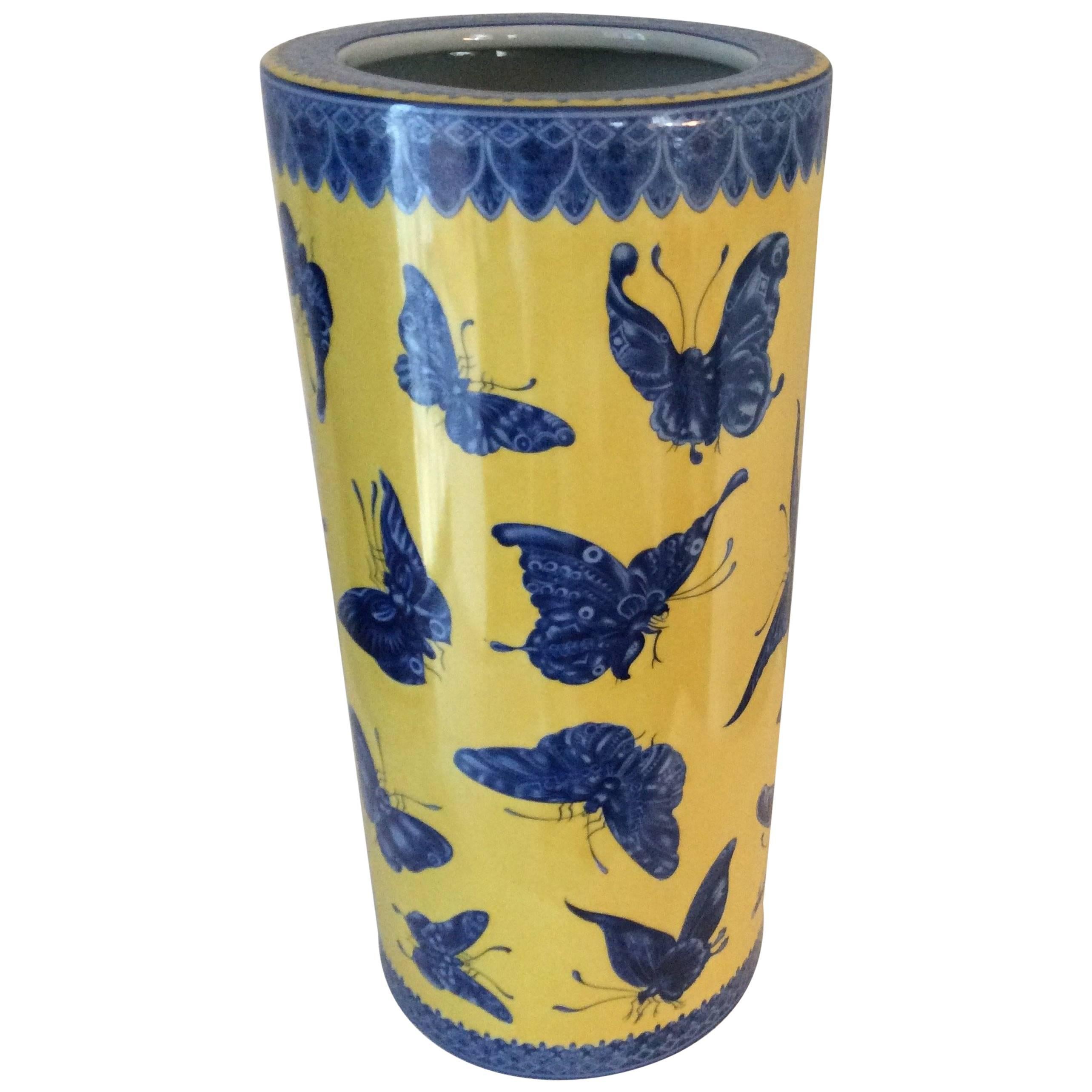 Mid-Century Modern Fornasetti Style Porcelain Umbrella Stand Butterflies For Sale
