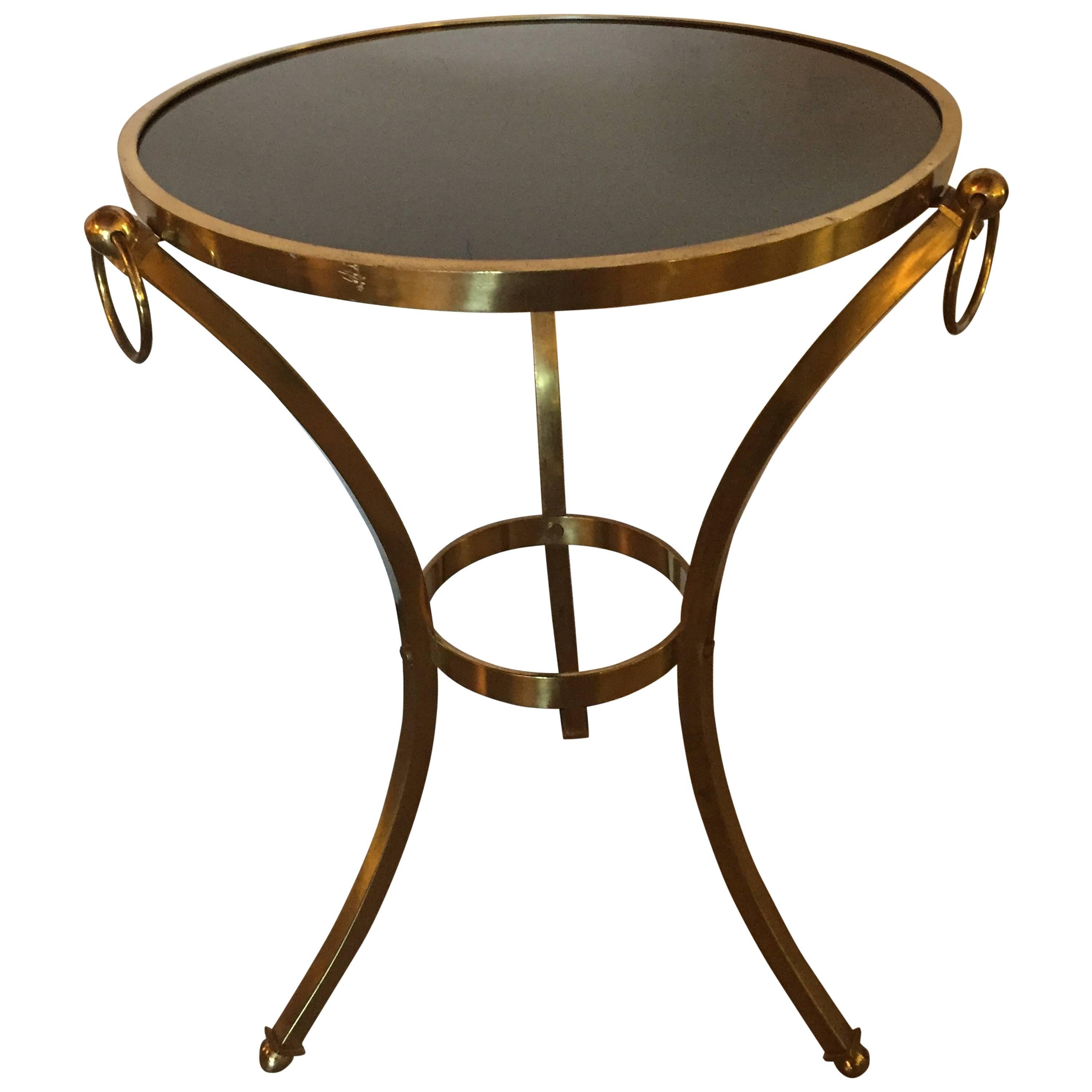 Small Brass Hollywood Regency Gueridon Table with Glass Top