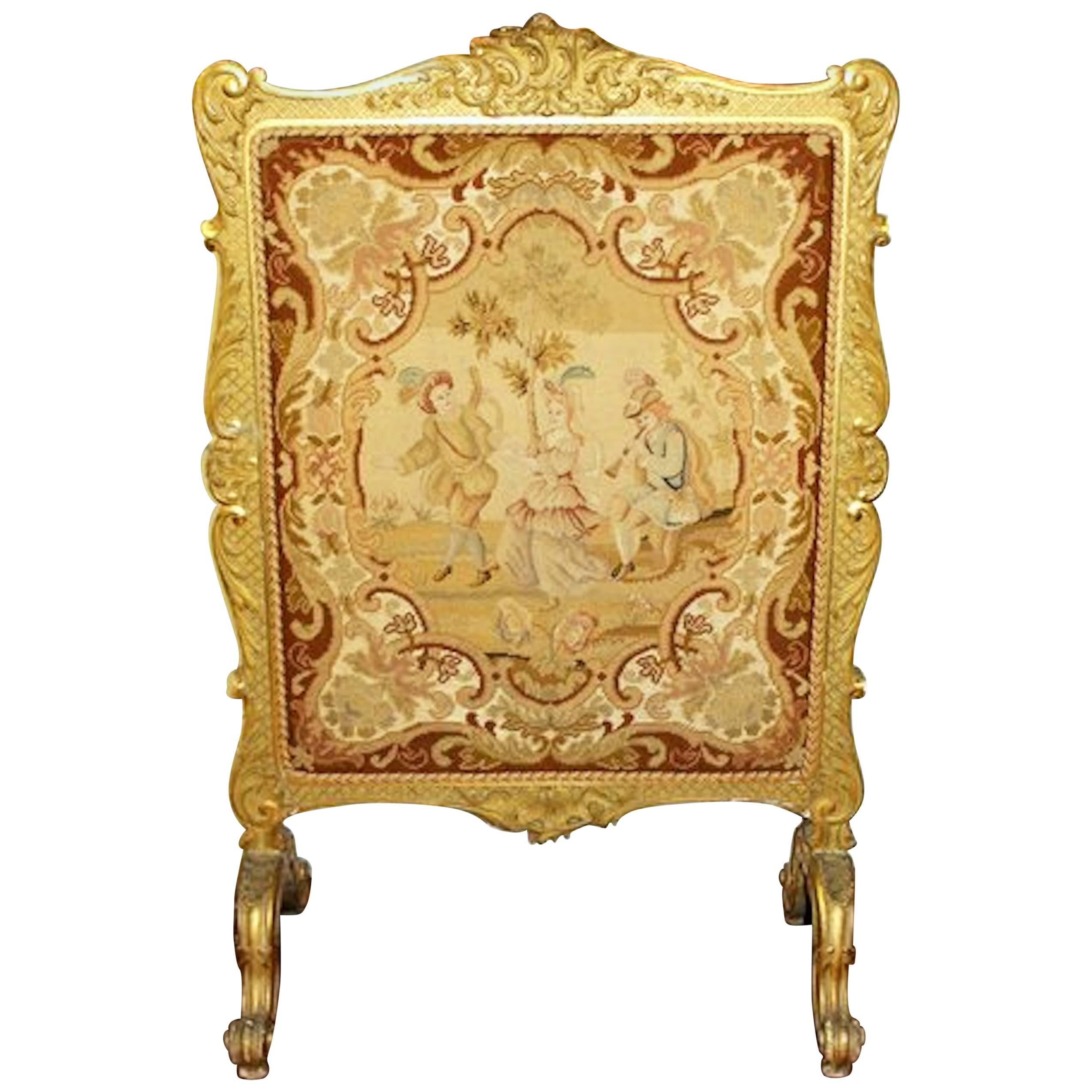 Antique French Louis XV Style Carved Giltwood and Needlepoint Fire-Screen