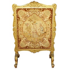 Antique French Louis XV Style Carved Giltwood and Needlepoint Fire-Screen