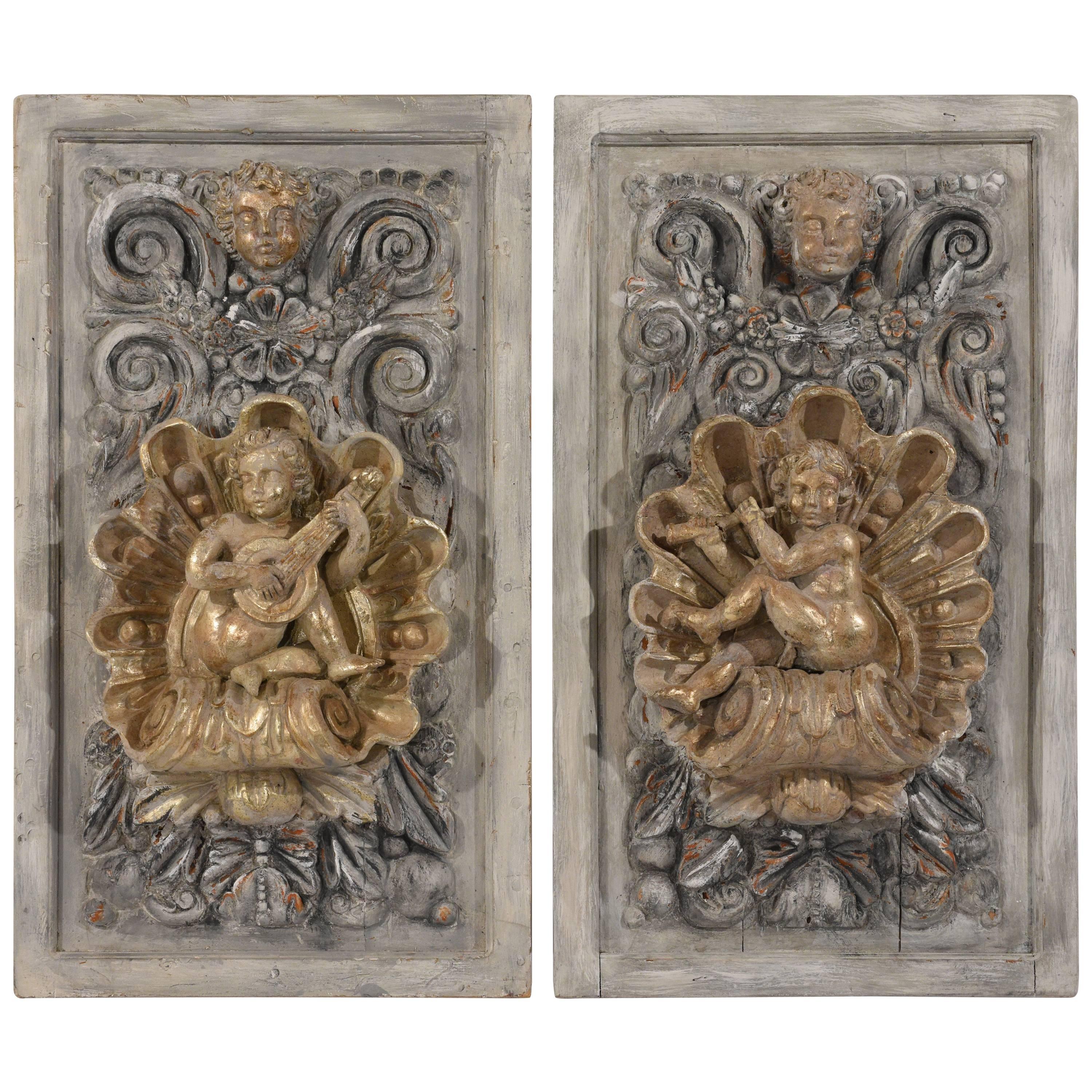 Pair of Italian Baroque Style Carved Wall Plaques