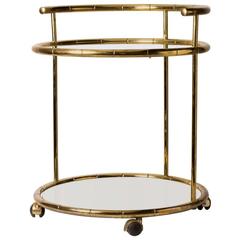 French Mid-Century Circular Smoked Glass and Brass Bamboo Bar Cart