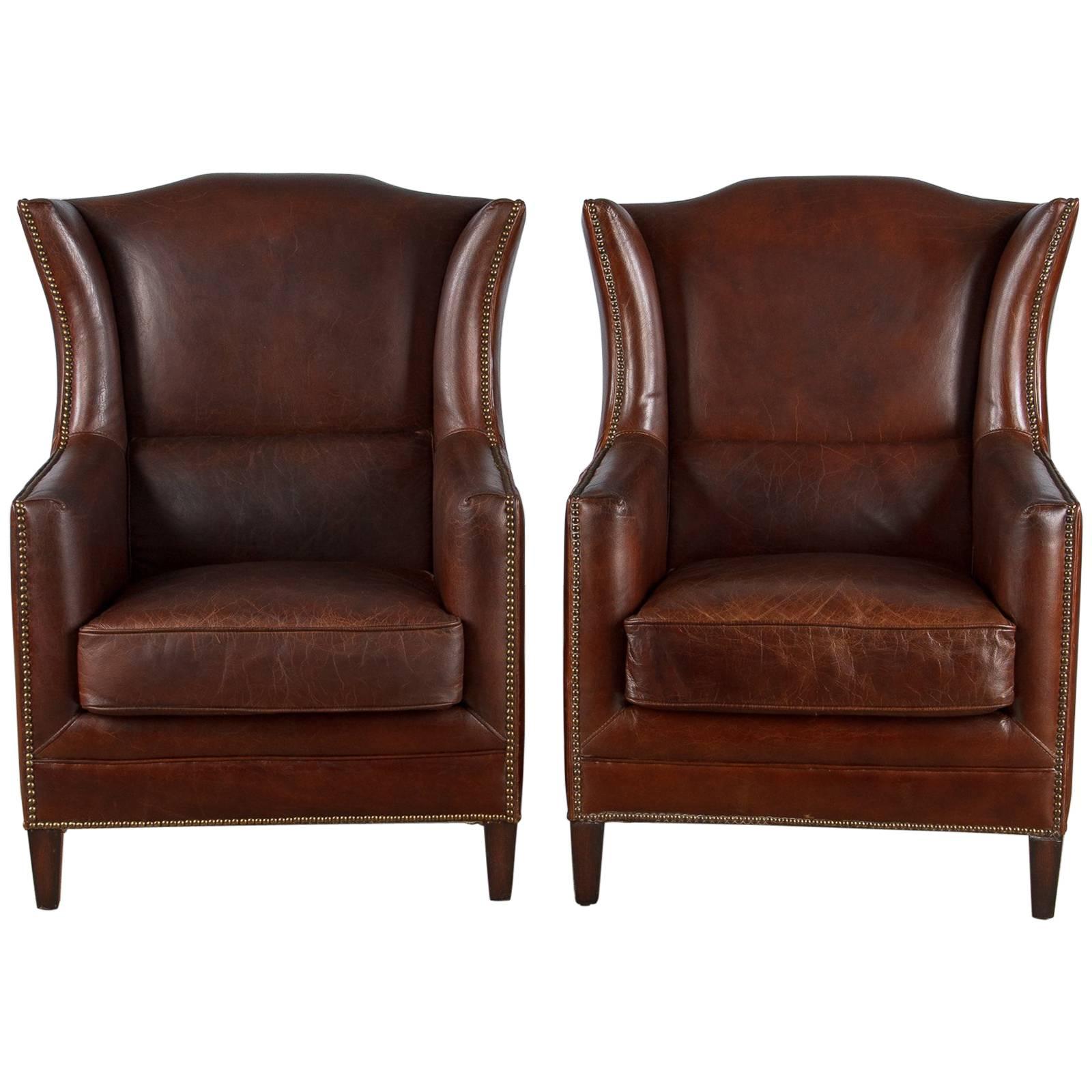 Pair of French Leather Wingback Armchairs, 1980s
