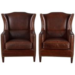 Pair of French Leather Wingback Armchairs, 1980s 2