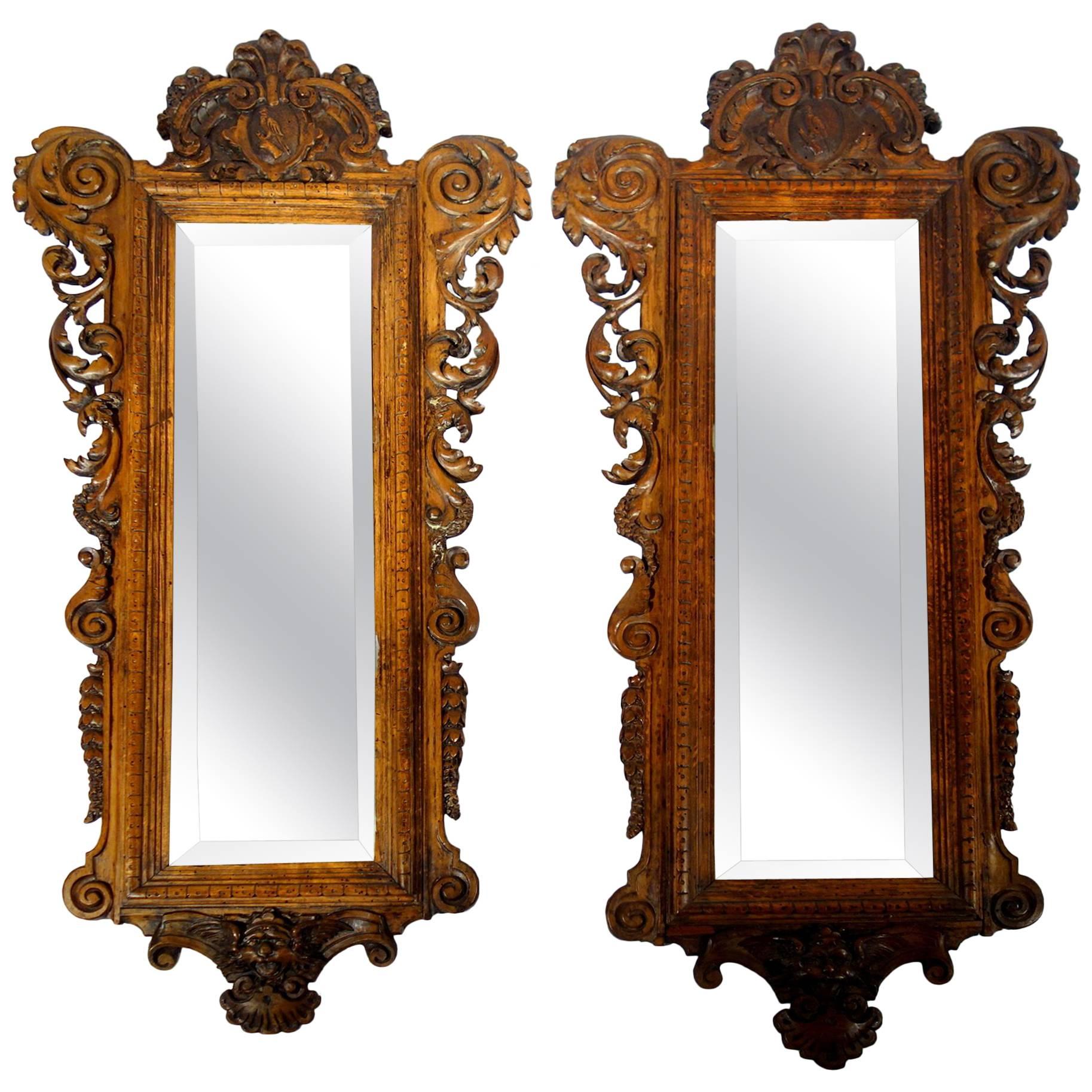 19th Century Antique Italian Pair Carved Mirrors Valentino Besarel Circa 1870