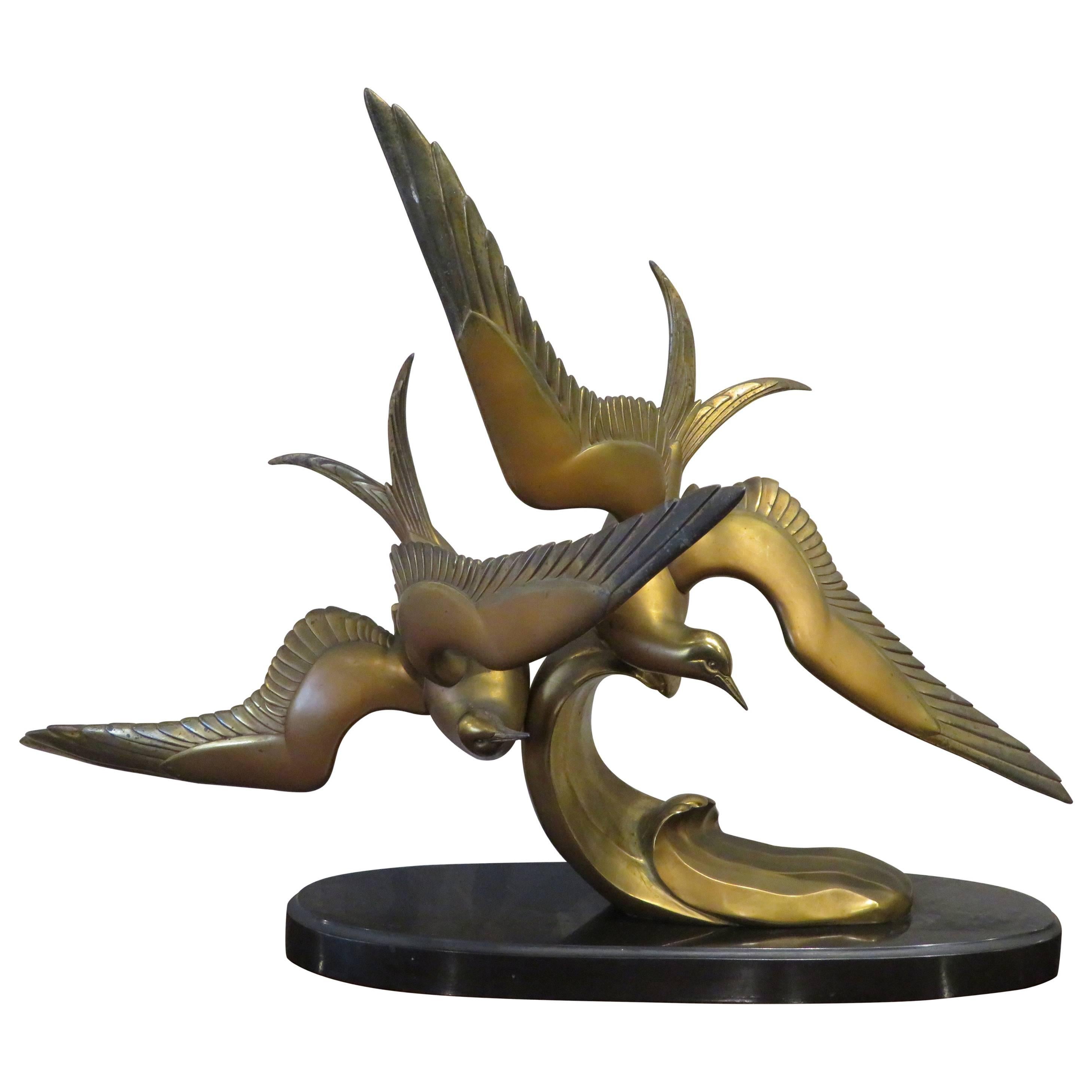 Extremely Rare Art Deco Bronze Sculpture "Terns in Flight', Irenee Rochard 1935 For Sale