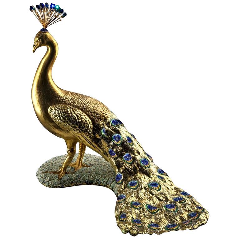Gilded Peacock Sculpture in Porcelain and Crystal For Sale at 1stdibs