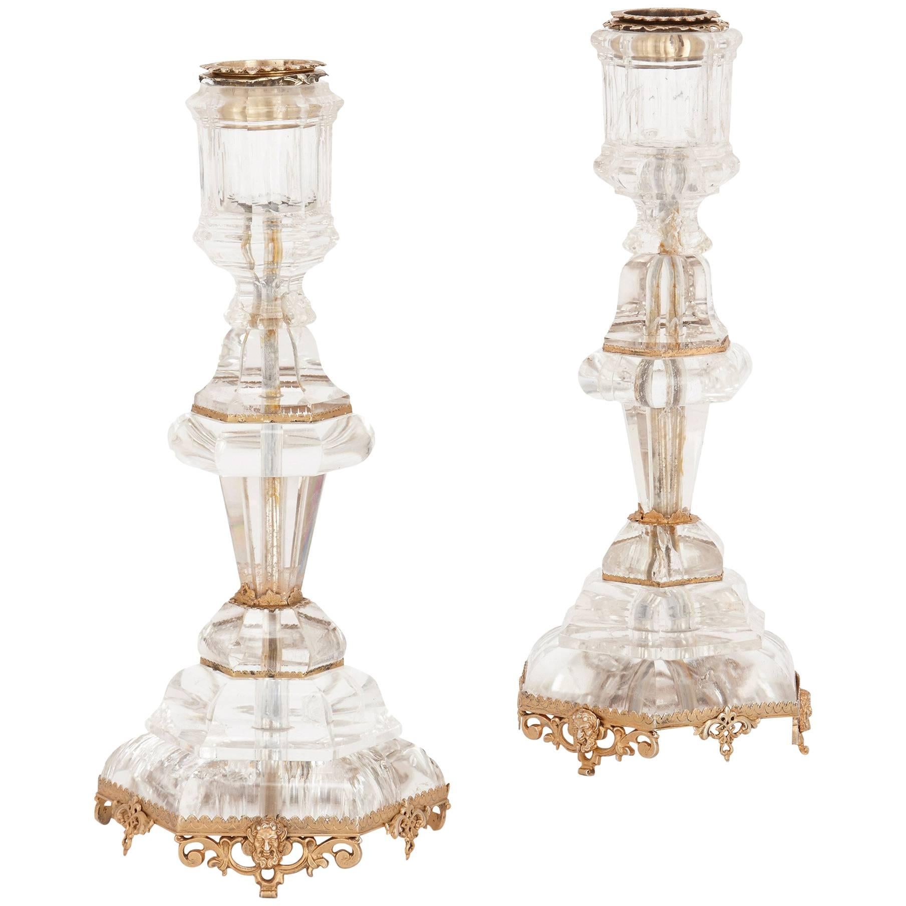 Very Fine Pair of Antique Continental Silver Mounted Rock Crystal Candlesticks For Sale