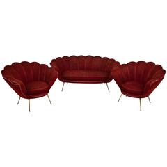 Vintage Scalloped Sofa and Seat Ensemble, Italy, 1950s