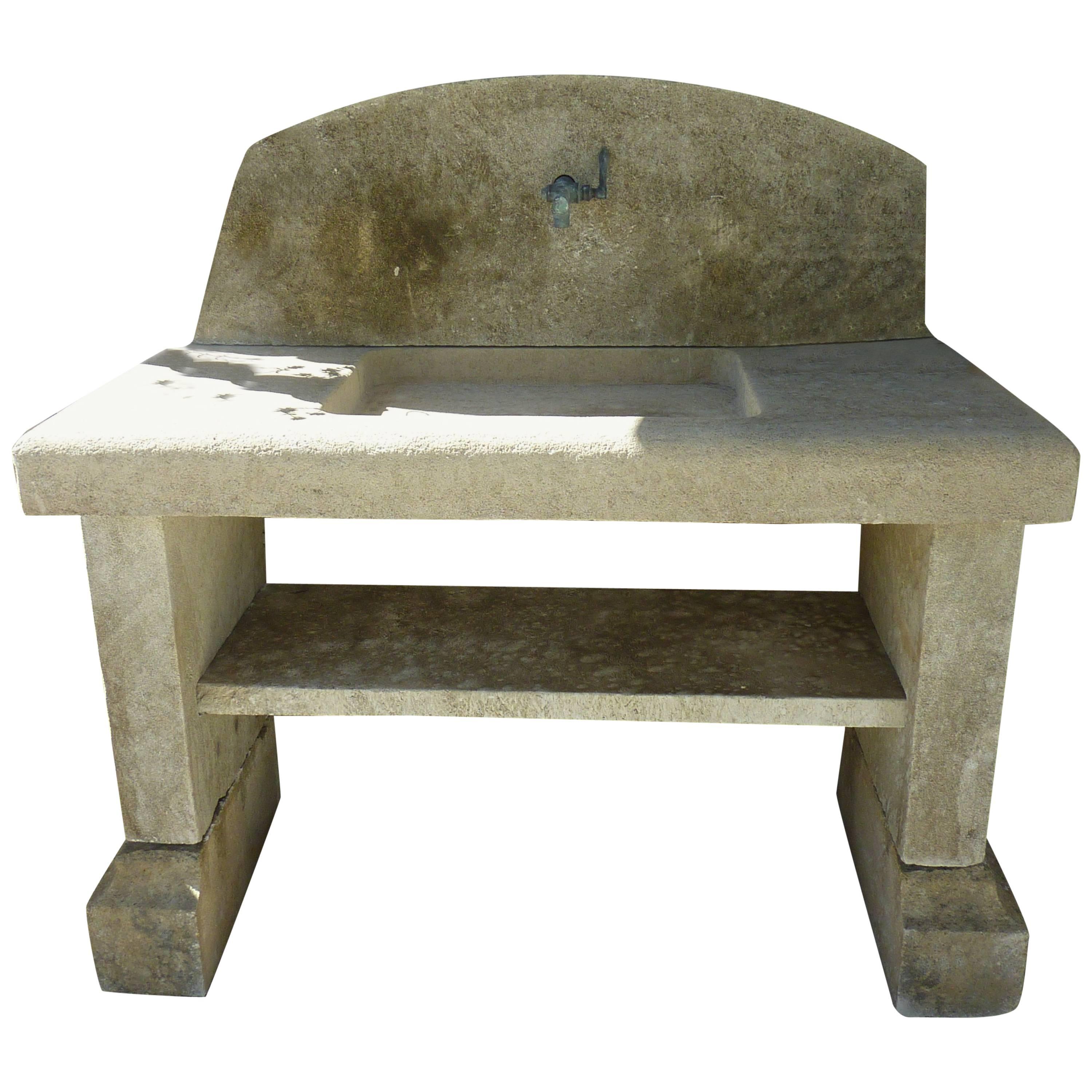 Stone Summer Kitchen with Sink, Pediment, Legs and Shelf For Sale