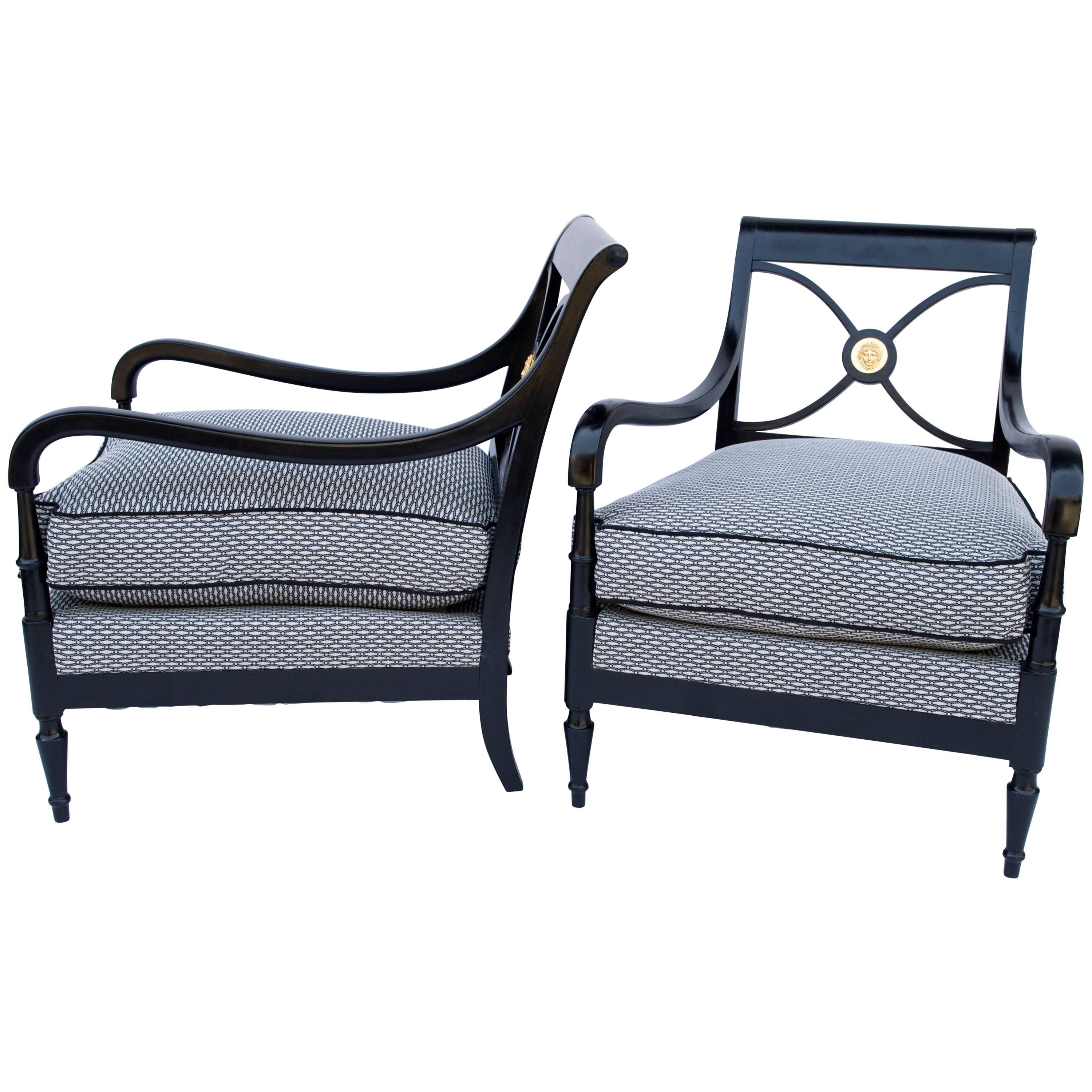 Pair of Empire Style Black Lacquered Armchairs, Maison Jansen, 1940