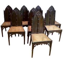 Antique Set of Eight Regency Gothic Hall Chairs