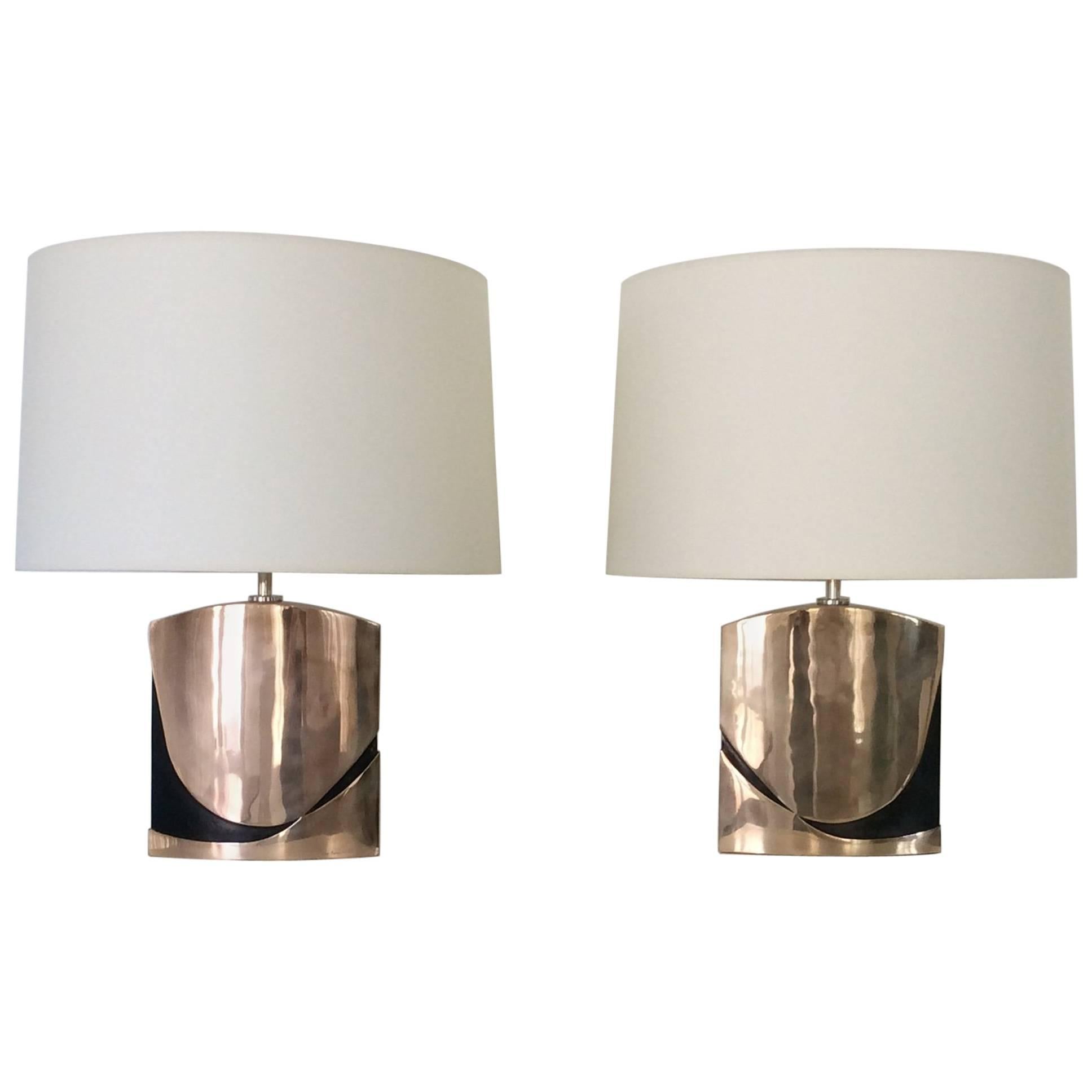 Pair of Esa Fedrigolli Signed Bronze Table Lamps, circa 1975, Italy