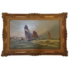 19th Century  English Oil on Canvas of Sailboats on Rough Waters, 1884