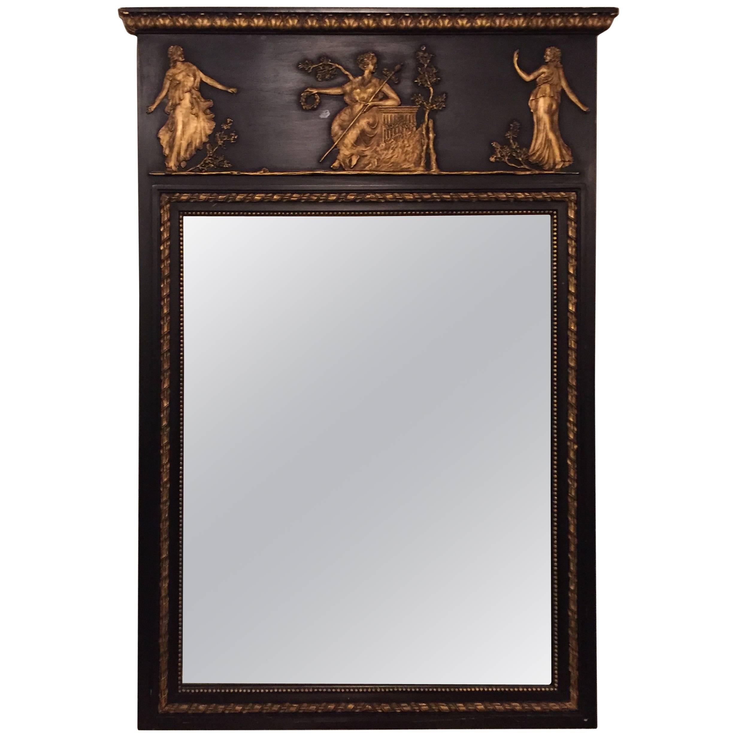 Ebonized Neoclassical Mirror by Friedman Bros Depicting Dancing Musical Maidens