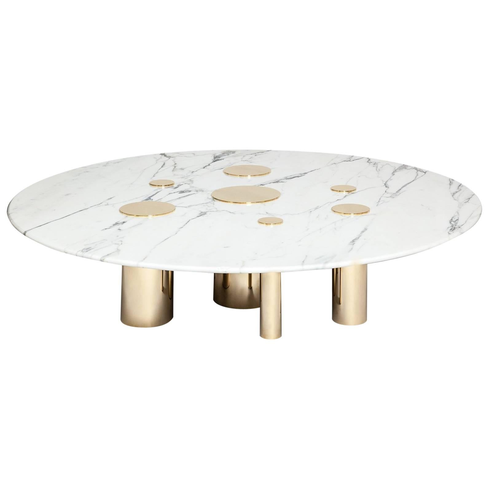 Round Marble Coffee Table Couture with Brass Details by Hervé Langlais