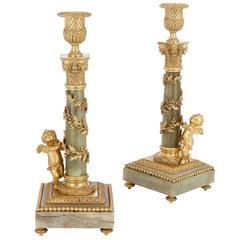 Pair of Gilt Metal Mounted Green Onyx French Candlesticks