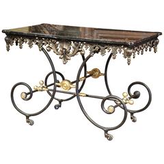 Mid-20th Century French Iron Butcher Pastry Table on Wheels with Black Marble