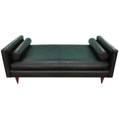 Vintage Black Leather Daybed with Bolsters and Brass Sabots