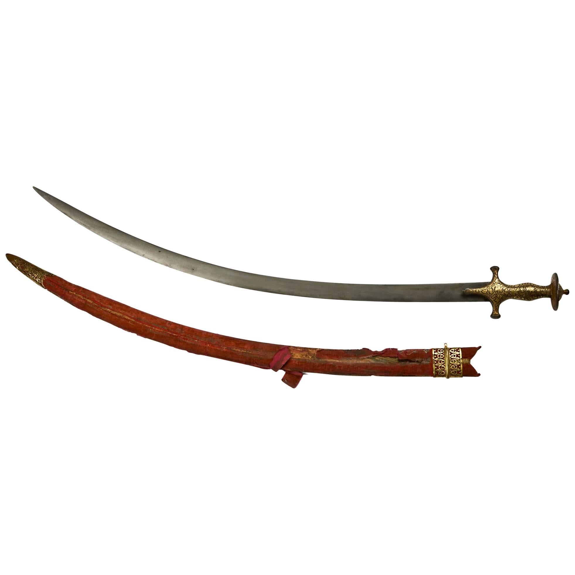 19th Century Indian Shamshir with Watered Steel Blade and Gold Koftgari Hilt For Sale