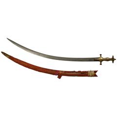 Antique 19th Century Indian Shamshir with Watered Steel Blade and Gold Koftgari Hilt
