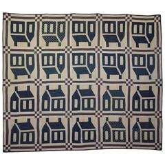 Antique Blue and White Calico Schoolhouse Patchwork Quilt