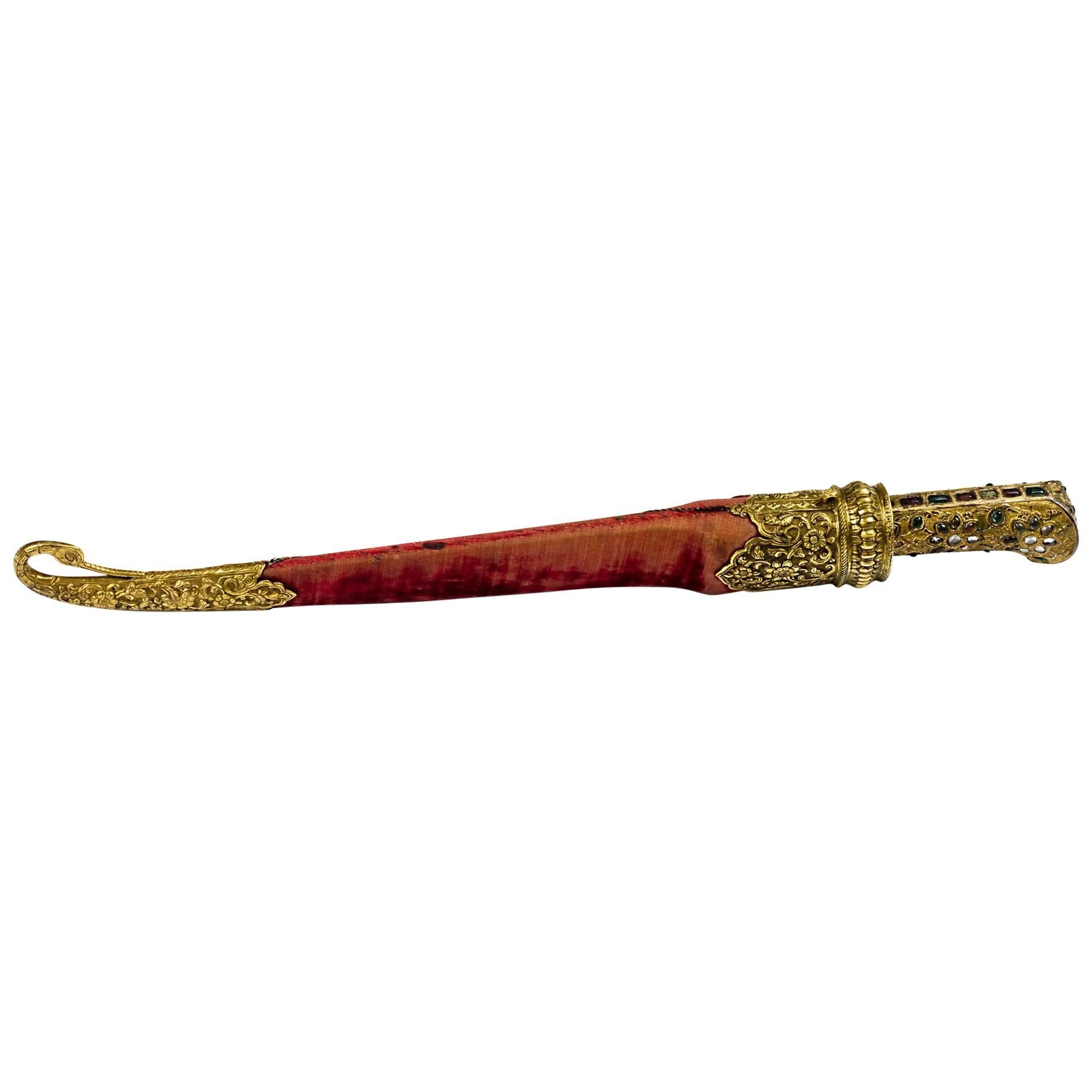 19th Century Mughal Gilt Silver Dagger with Precious Stones For Sale