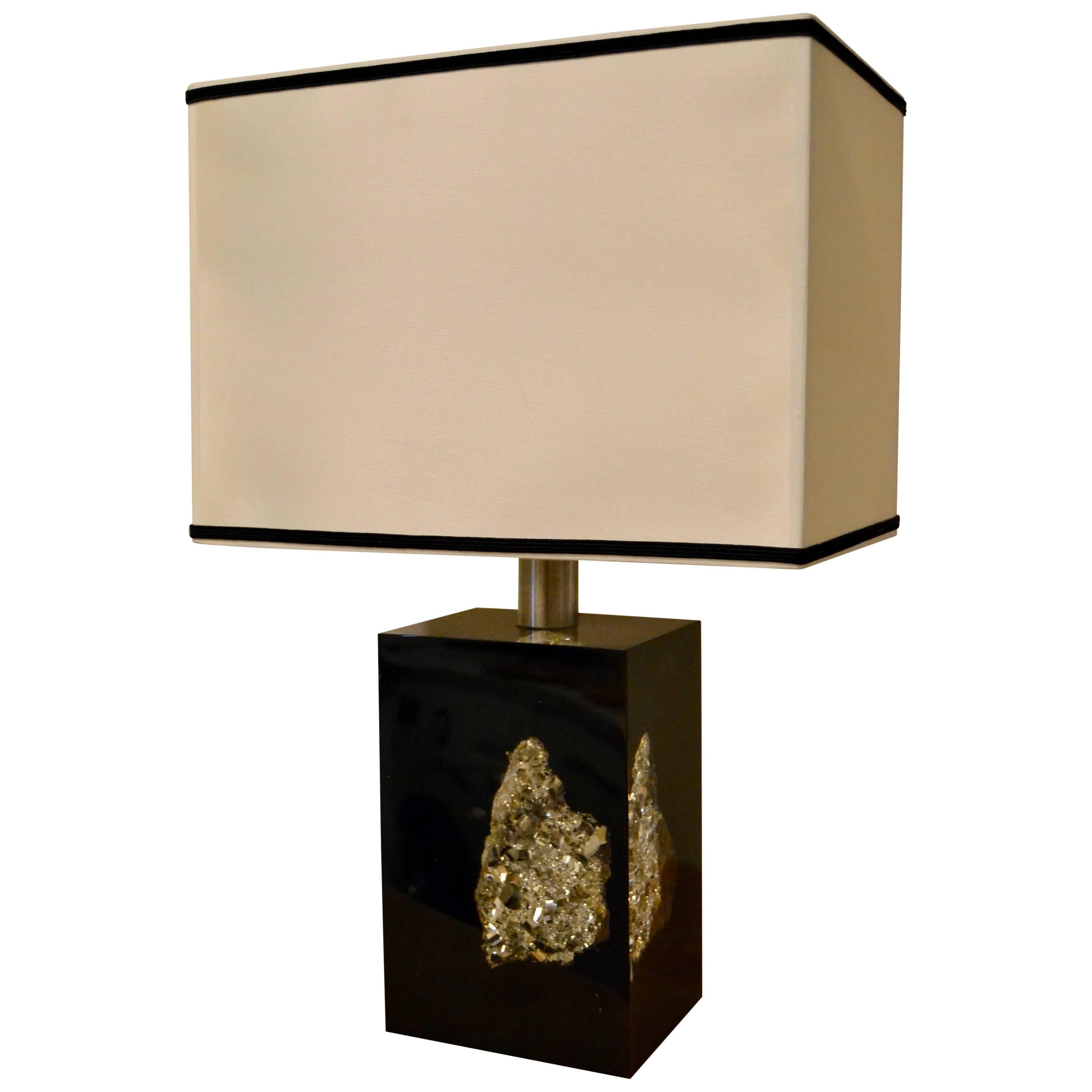 1970s Pyrite Rock Inlaid on Lucite Table Lamp