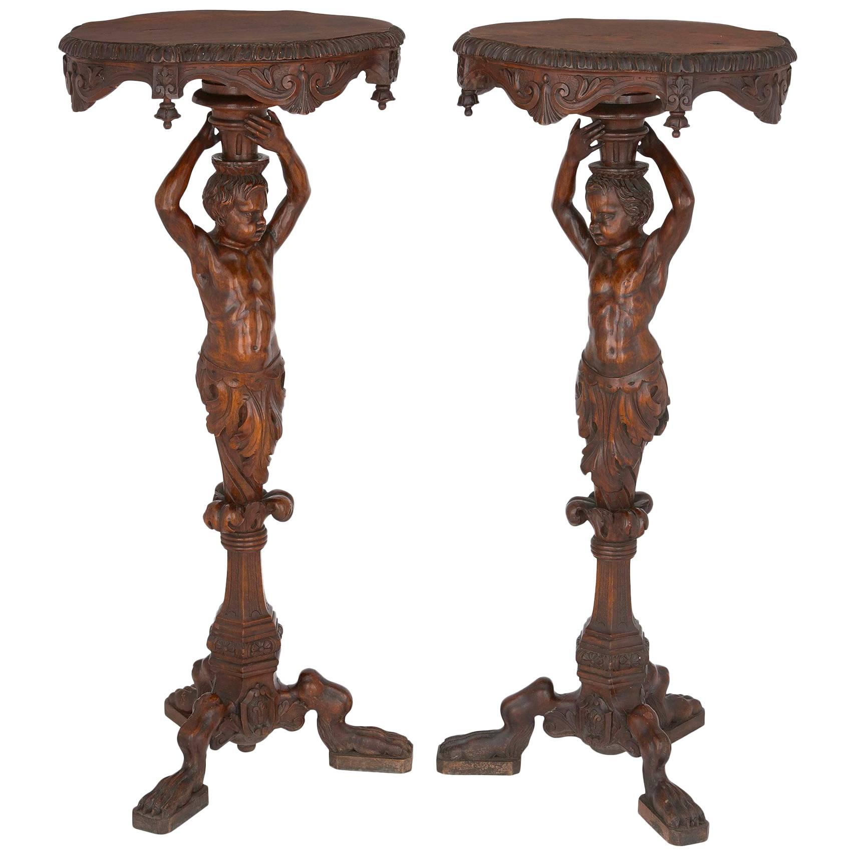 Antique Pair of Finely Hand-Carved Walnut Baroque Style Side Tables