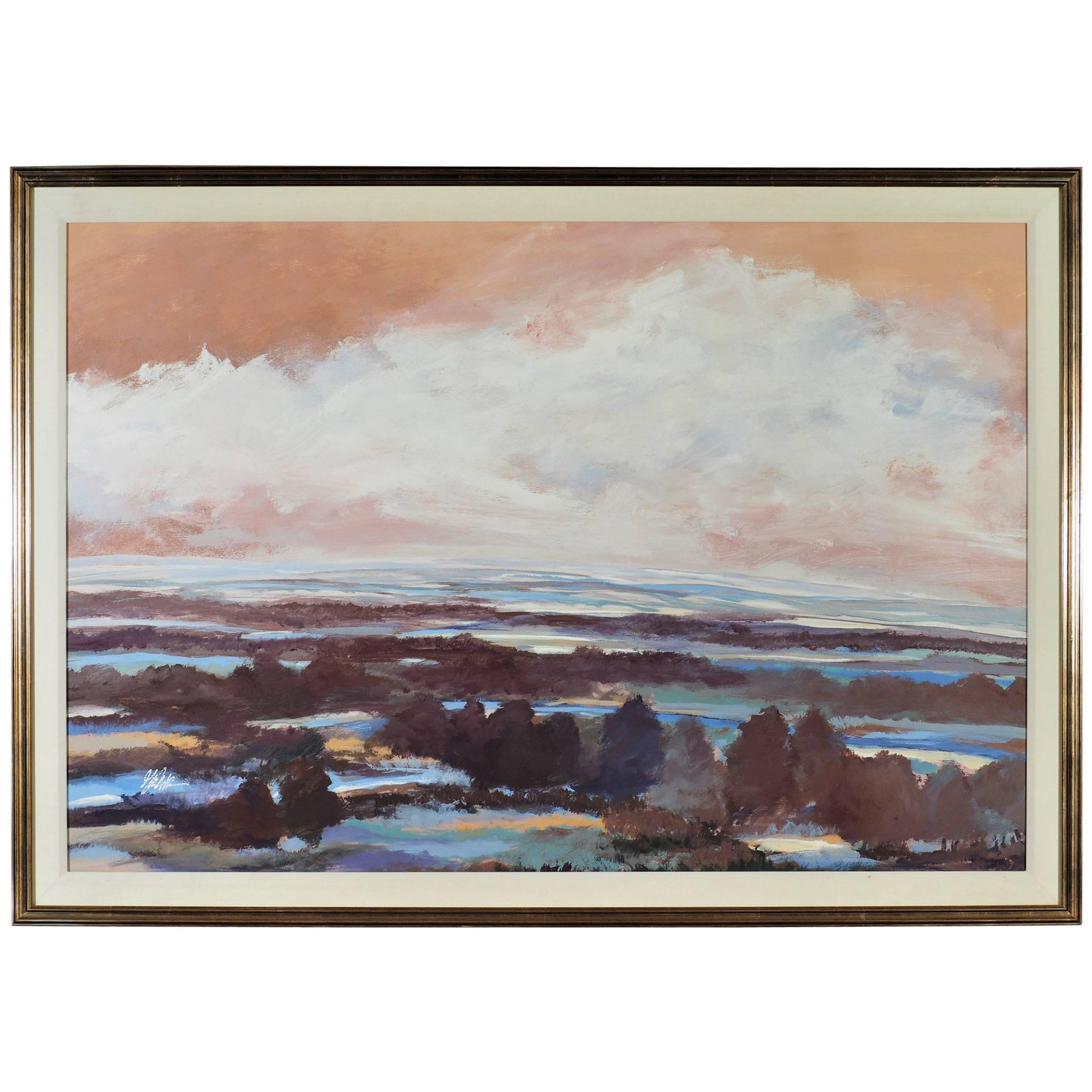 Large Framed Gouache Landscape Painting, Signed