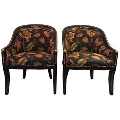 Pair Hollywood Regency Style Regency Armchairs Ebonized Frame Gilt Decoration