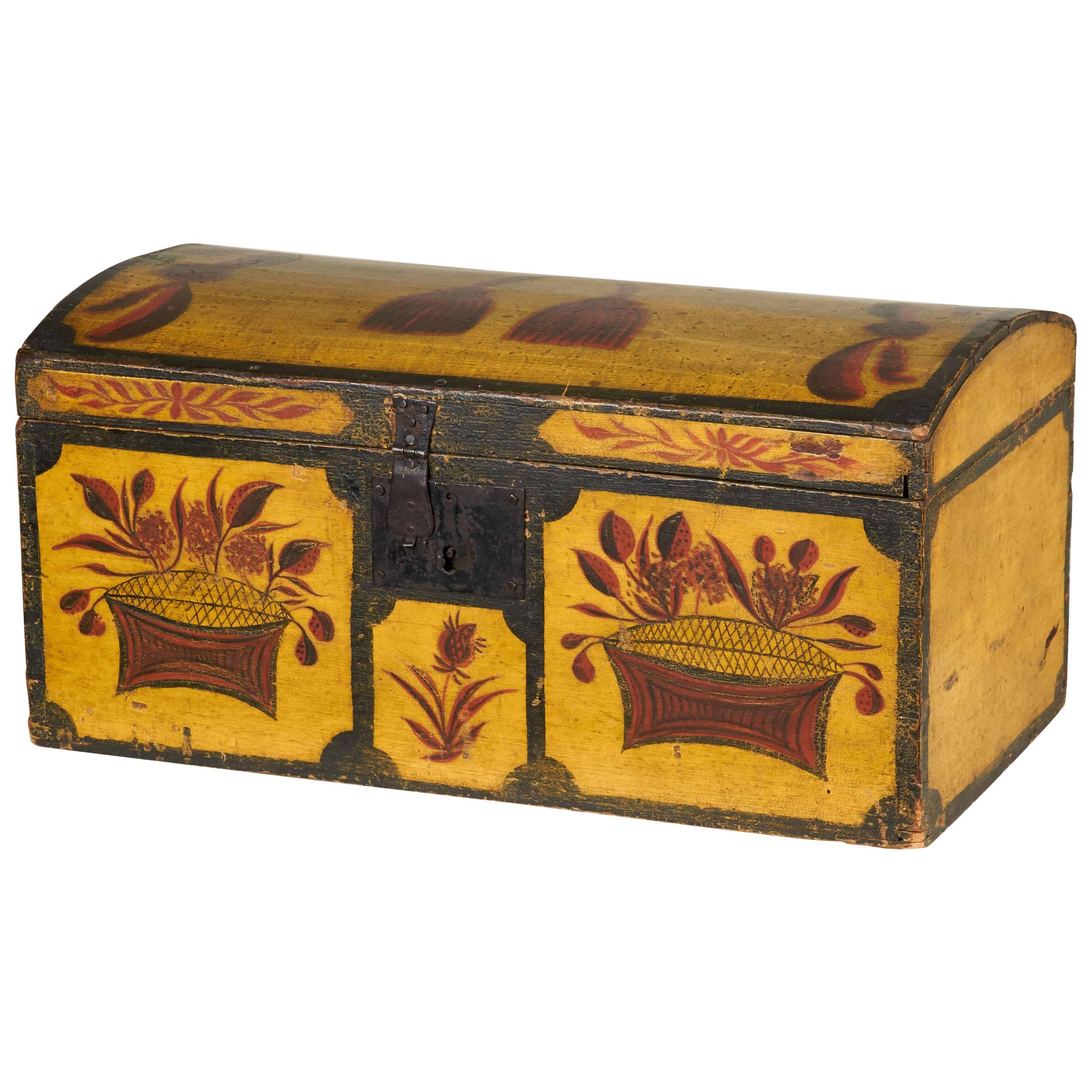 Yellow and Polychrome-Decorated Pine Dome Top Box For Sale