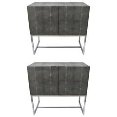 Pair of Faux Shagreen Bedside Cabinets in Polished Chrome and Charcoal Color