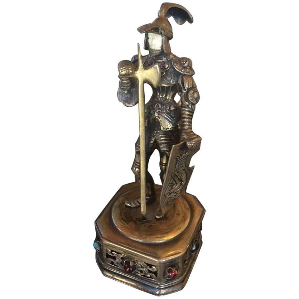 Antique German Jewel Encrusted Sterling Silver Knight Statue