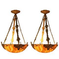  French Alabaster and Bronze Chandelier