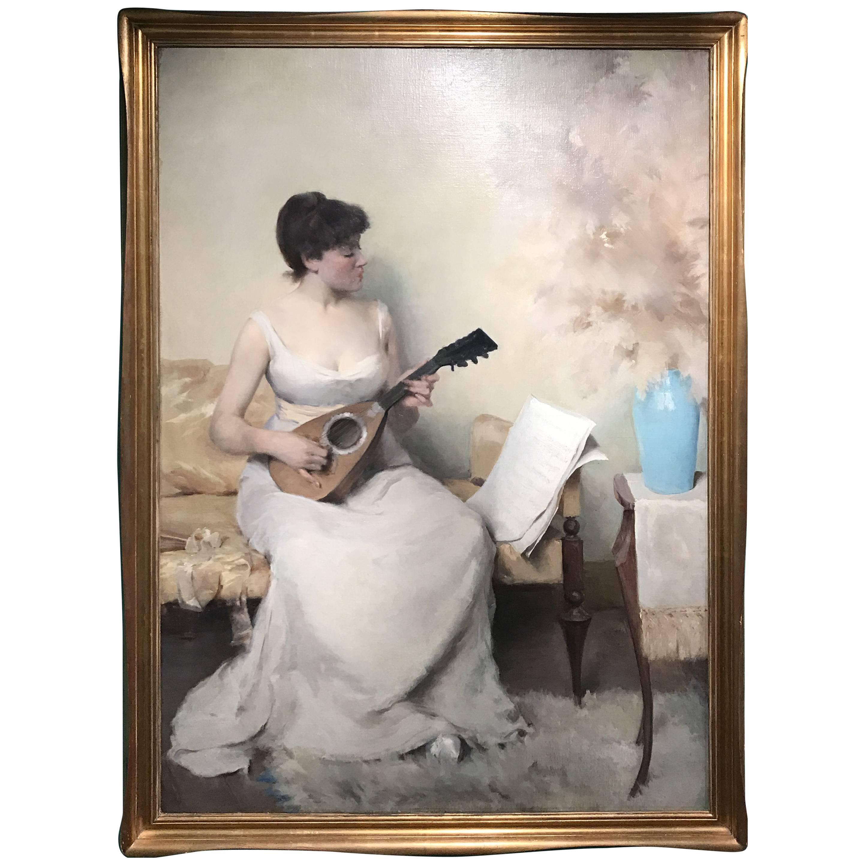 Herbert F. Denman Oil Painting Portrait of a Woman with Mandolin