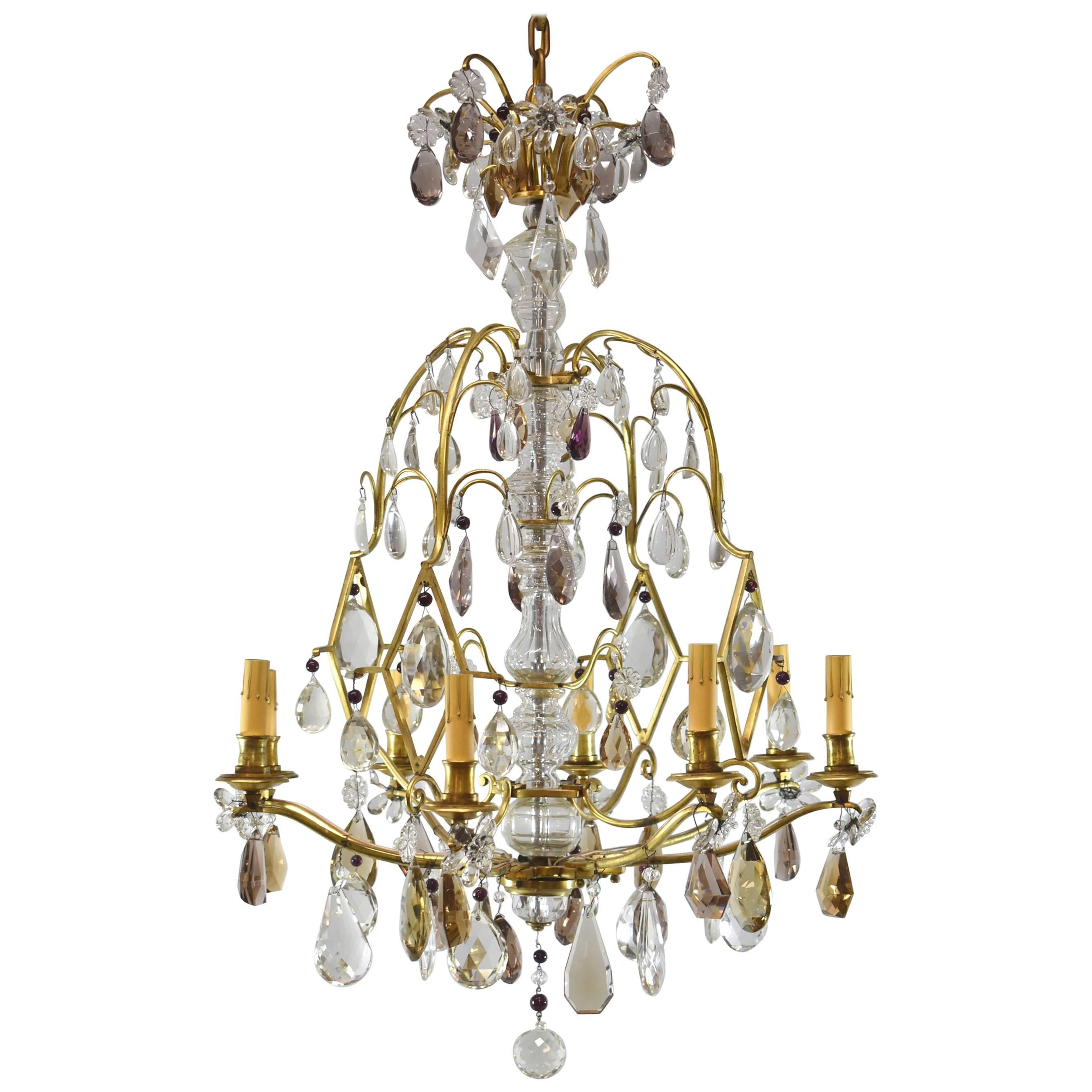 French Eight-Light Chandelier with Topaz, Amethyst and Clear Crystals For Sale