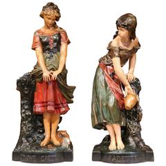 Large Pair of 19th Century French Hand Painted Terracotta Statues Signed Moreau
