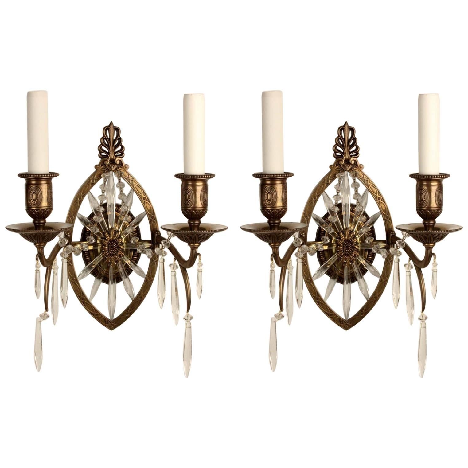 Pair of American E. F. Caldwell Bronze and Lead Crystal Wall Sconces For Sale