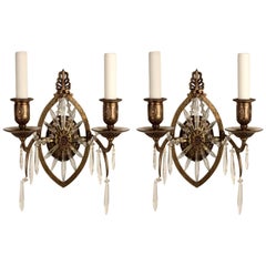 Antique Pair of American E. F. Caldwell Bronze and Lead Crystal Wall Sconces