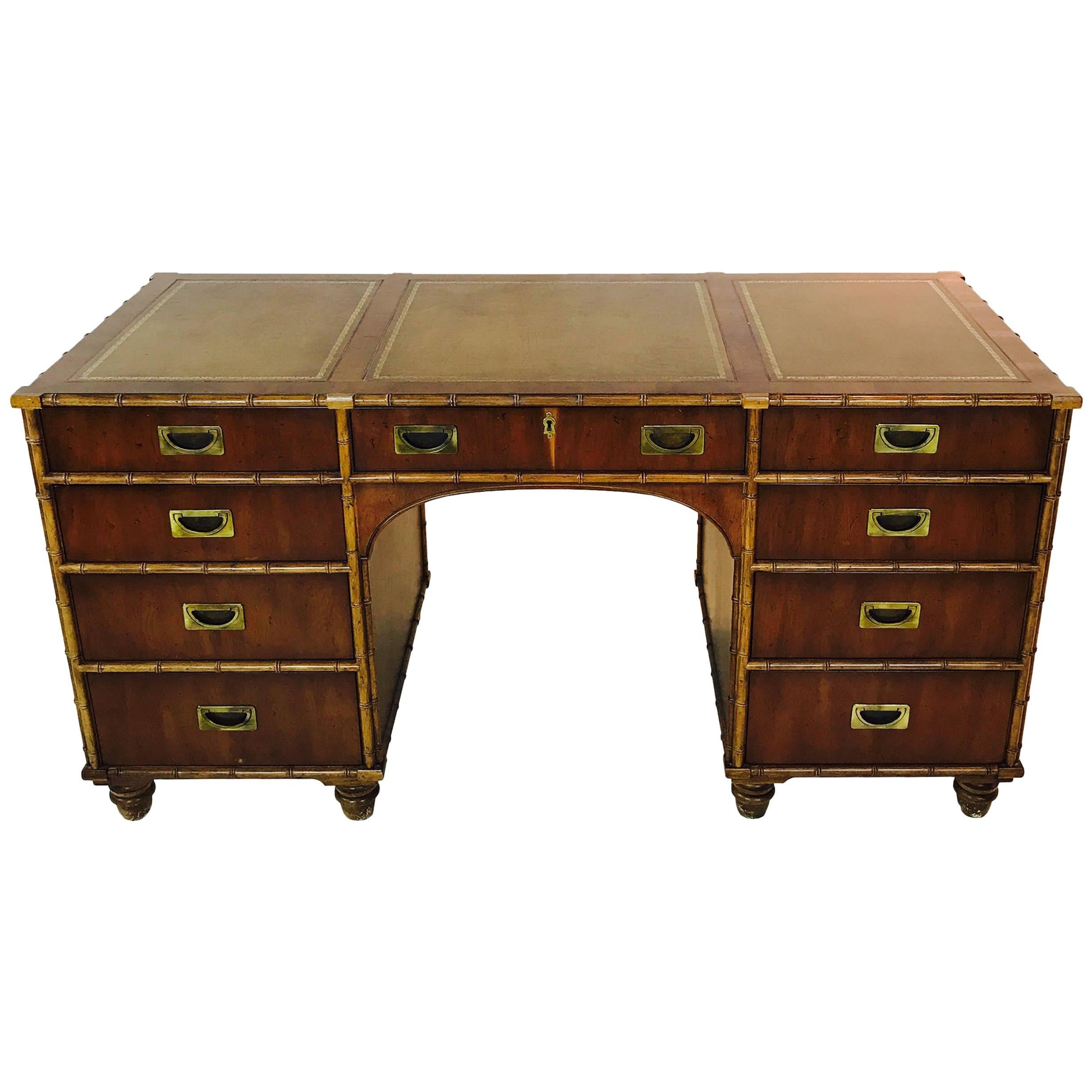 Henredon Faux Bamboo Desk with Inlaid Leather Top