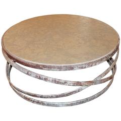 Rings Coffee Table, Antique Industrial Rings with Blue Azul Marble Top